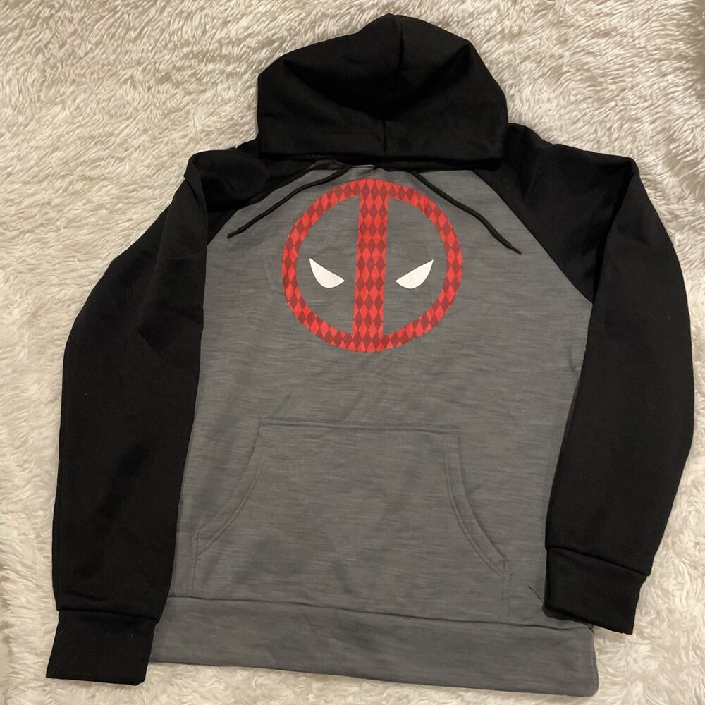 Deadpool Marvel Hoodie Sweatshirt Men's Large Gray Black Evil Eyes Logo
